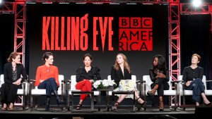 PASADENA, CA - JANUARY 12:  (L-R) Executive producer Sally Woodward Gentle, writer/showrunner/executive producer Phoebe Waller-Bridge, and actors Sandra Oh, Jodie Comer, Kirby Howell-Baptiste, and Fiona Shaw of 'Killing Eve' speak onstage during the BBC America portion of the 2018 Winter Television Critics Association Press Tour at The Langham Huntington, Pasadena on January 12, 2018 in Pasadena, California.  (Photo by Frederick M. Brown/Getty Images)