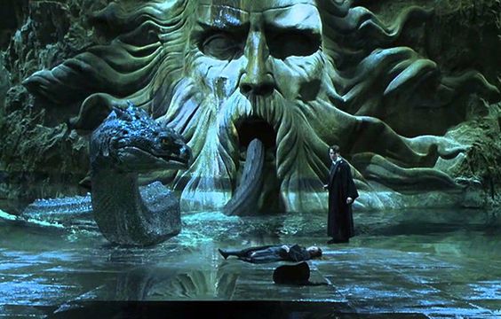 Harry Potter battles the Basilisk in the Chamber of Secrets