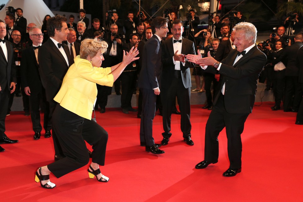 CANNES, FRANCE - MAY 21:  Emma Thompson and Dustin Hoffman fool around as they departs the "The Meyerowitz Stories" screening during the 70th annual Cannes Film Festival at Palais des Festivals on May 21, 2017 in Cannes, France.  (Photo by Gisela Schober/Getty Images)