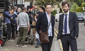 David Tennant and Olivia Coleman on the set of Broadchurch. 